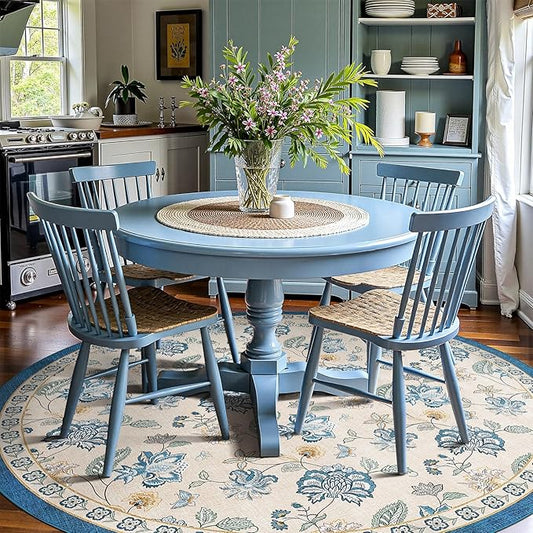 jinchan 7ft Floral Round Rug for Dining Room Washable Living Room Rug Vintage Romance Design Non Slip Indoor Floor Cover Lightweight Low-Profile Throw Carpet for Bedroom Porch Patio, Blue/Beige-BubblyBeeBaby