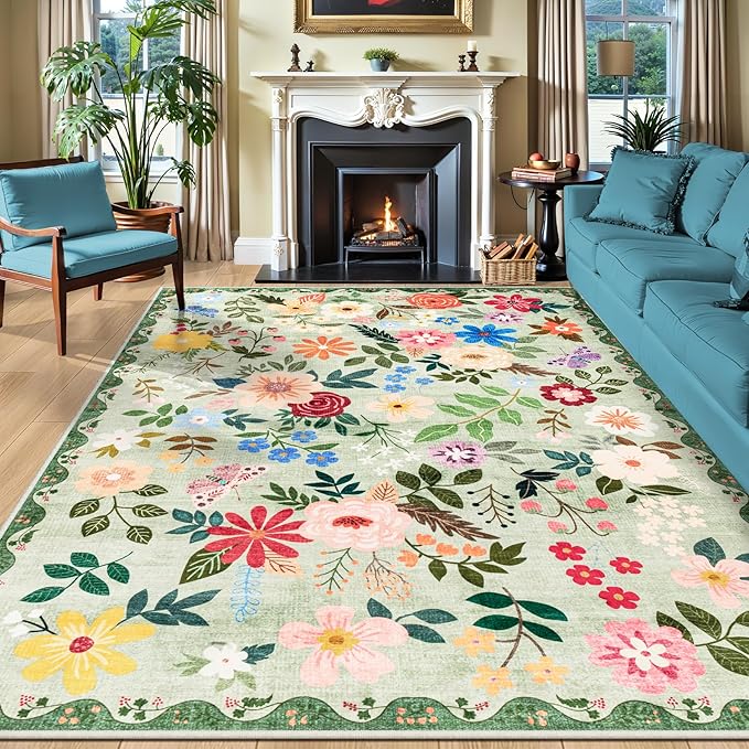 10x12 Area Rugs for Living Room: Floral Washable Rug Vintage Large Soft Boho Non-Slip Carpet Indoor Stain Resistant Low Pile Carpets for Bedroom Dining Room Farmhouse Nursery Hallway Home Office Green-BubblyBeeBaby