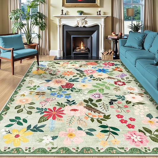 10x14 Area Rugs for Living Room: Floral Washable Rug Vintage Large Soft Boho Non-Slip Carpet Indoor Stain Resistant Low Pile Carpets for Bedroom Dining Room Farmhouse Nursery Hallway Home Office Green-BubblyBeeBaby