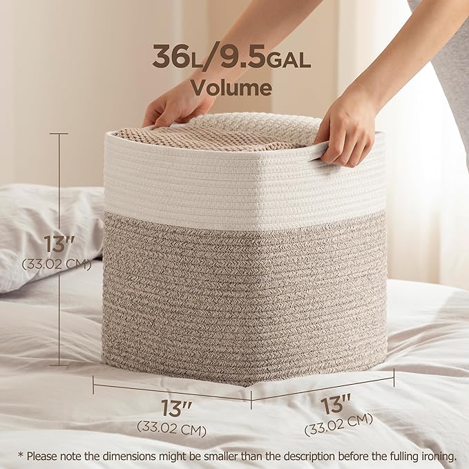 joybest Cube Storage Bins Set of 4, 13inch Cube Baskets Organizer for Nursery, Square Cotton Rope Baskets for Shelves Organizing, Kids Toy, Closet Storage, Brown and Cream White-BubblyBeeBaby