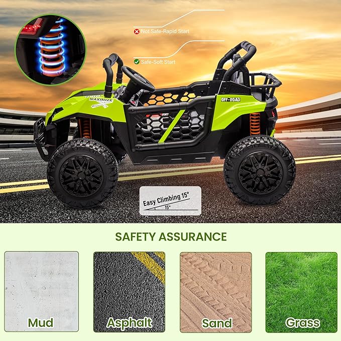 24V 2 Seater Ride On Car Truck, Power Wheels Kids UTV w/Parent Remote Control, 3.1 MPH Max Speed, Music Player, LED Lights & Storage, Electric Vehicle Ride On Toy for Kids Toddler Ages 3-8, Green-BubblyBeeBaby