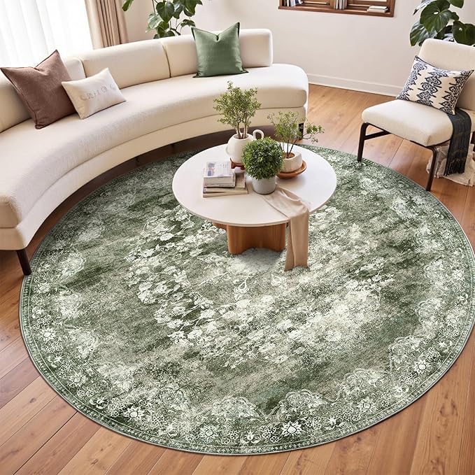 jinchan Round Rug 7ft Area Rug - Green Vintage Floor Mat Kitchen Indoor - Washable Circle 7' Thin Floral Print Carpet Retro Farmhouse Non Slip Dining Room Living Room Bedroom Office-BubblyBeeBaby