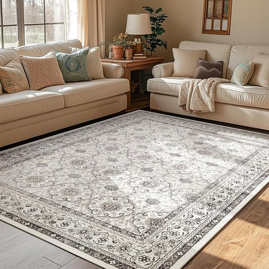 jinchan Floral 5x7 Area Rugs for Bedroom - Machine Washable Vintage Distressed Boho Design Throw Rug Stain Resistant Carpet Low-Pile Thin Non-Slip for Nursery Living Room Dining Room (5‘x7',Beige)-BubblyBeeBaby