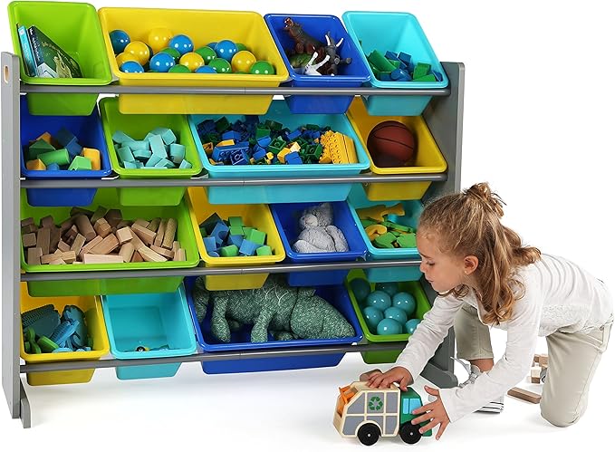 Humble Crew Supersized Toy Storage Organizer with 16 Removable Bins, Grey/Blue/Green/Yellow – Large Toy Storage for Toddlers Ideal for Kids' Rooms, Playrooms, and Nurseries - Modern Toy Bins for Kids-BubblyBeeBaby