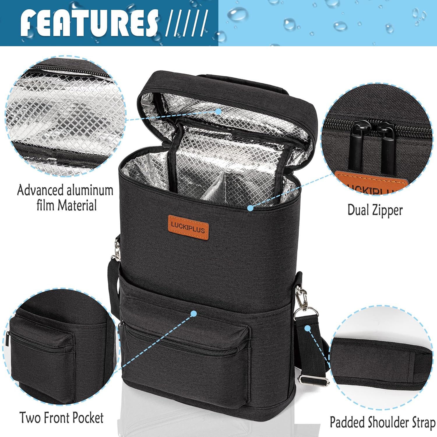 Insulated Wine Carrier Bag for 2 Bottles with Padded Shoulder Strap