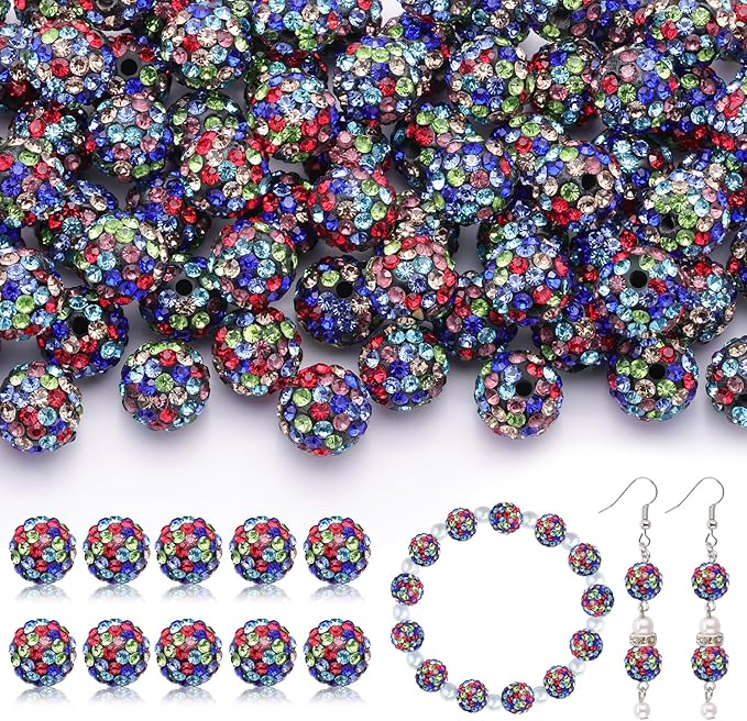 105pcs 10mm Rhinestone Beads for Jewelry Making, Black Mixed Shiny Round Disco Ball Beads Bulk, Sparkle Crystal Clay Christmas for Bracelet Baseball Necklace Earring Crafting and DIY-BubblyBeeBaby