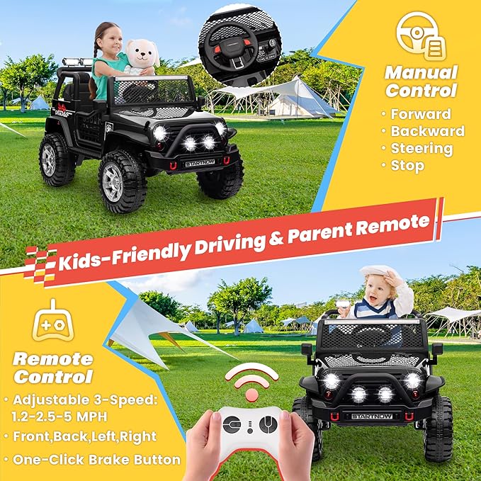 24V 4WD Ride on Truck Car w/800W Motors, Gift Flower, Remote Control, 2 Seaters, Light Bar, 3 Speeds, Pop Music, Power Four Wheels, 24 Volt Ride on Toy Car for Big Kids, Black-BubblyBeeBaby
