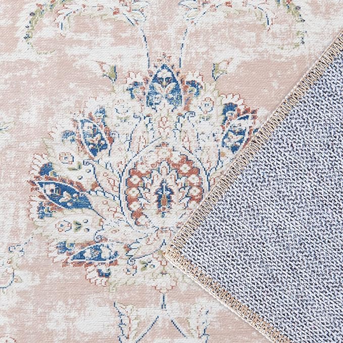 jinchan Hallway Runner Rug 3x8 Machine Washable Runner Rug Pink Vintage Floral Design Non-Slip Low Pile Ultra-Thin for Kitchen Laundry Room Bedroom Farmhouse (3‘x8',Pink)-BubblyBeeBaby