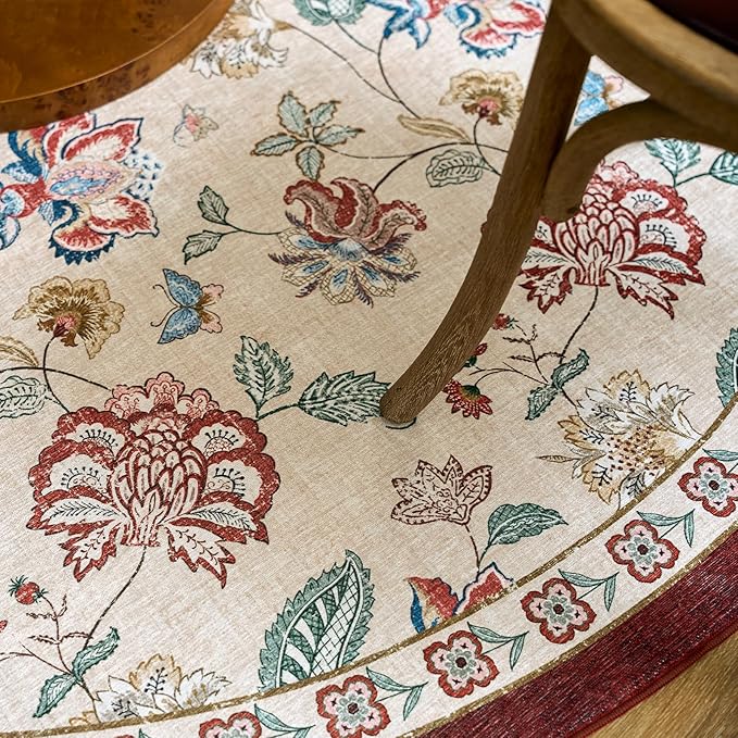 jinchan Floral Corner Rug for Living Room Washable Bedroom Rug Vintage Romance Design Non Slip Quarter Circle Lightweight Low-Pile Throw Carpet for Reading Nook Playroom,8ft Radius, Red/Beige-BubblyBeeBaby