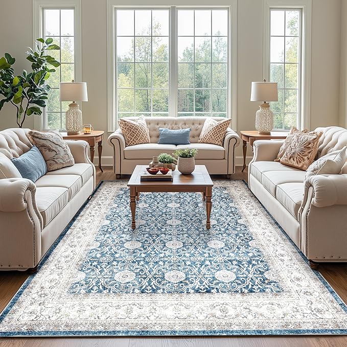 jinchan Floral 8x10 Area Rugs for Living Room Machine Washable Vintage Distressed Boho Design Throw Rug Stain Resistant Carpet Low-Pile Thin Non-Slip for Bedroom Dining Room Nursery (8‘x10',Dark Blue)-BubblyBeeBaby