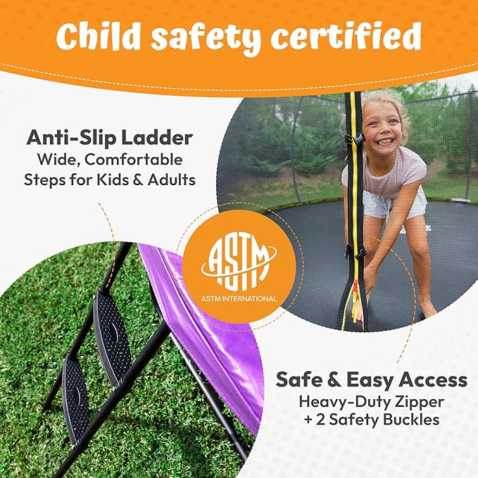 JUMPZYLLA Trampoline Outdoor 8FT 10FT 12FT 14FT 15FT 16FT with Enclosure and Ladder, ASTM Approved Recreational Trampoline for Kids and Adults, Anti-Rust Coated Frame-BubblyBeeBaby