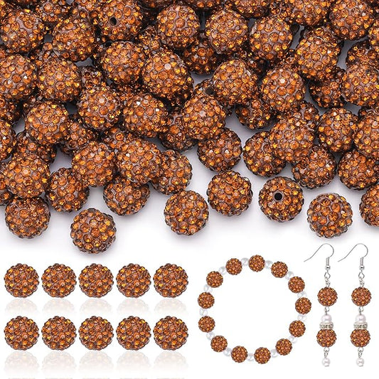 200pcs 10mm Rhinestone Beads for Jewelry Making, Brown Shiny Round Disco Ball Beads Bulk, Sparkle Crystal Clay Christmas for Bracelet Baseball Necklace Earring Crafting and DIY-BubblyBeeBaby
