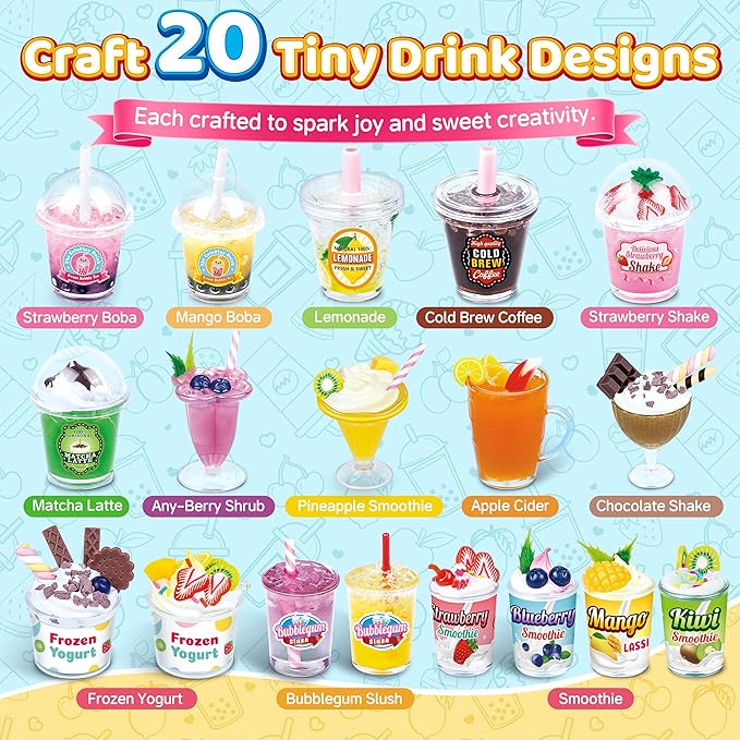 20 PCS Miniature Drink Marker Kit, Miniature Food Toys, Kitchen Pretend Food DIY Crafts Kits for Kids Ages 8-12, Girls Gift for Christmas, Birthday, Collectors, Resin Play, NOT Edible-BubblyBeeBaby