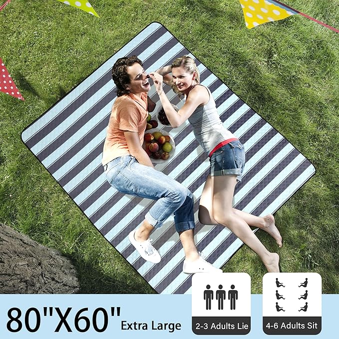 HX&OD Extra Large Picnic Outdoor Blanket, 80”x60” Waterproof Picnic Mat Foldable Camping Blanket Portable with Carry Strap for Beach Mat Outdoor Camping Party(Grey&Green)-BubblyBeeBaby