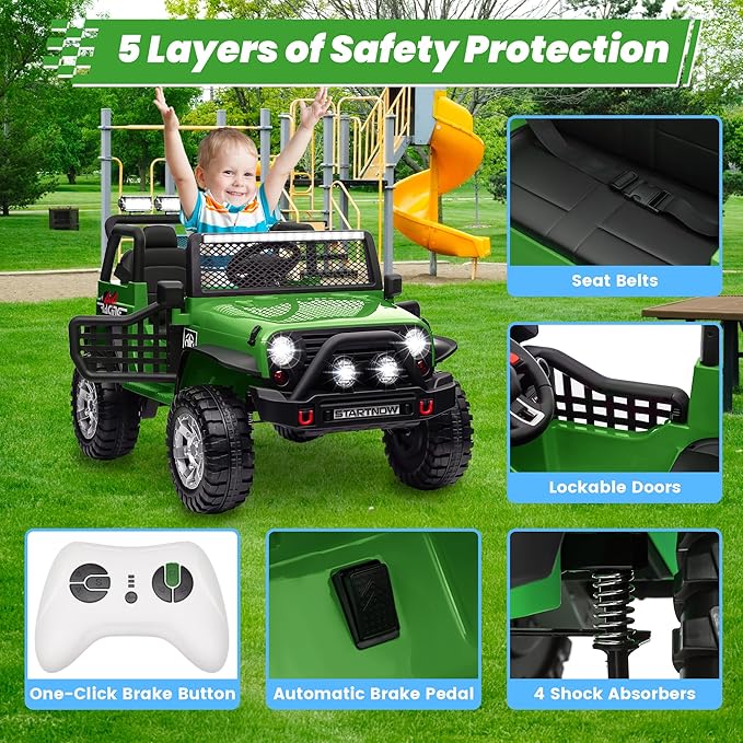 24V 4WD Ride on Truck Car w/800W Motors, Gift Flower, Remote Control, 2 Seaters, Light Bar, 3 Speeds, Pop Music, Power Four Wheels, 24 Volt Ride on Toy Car for Big Kids, Green-BubblyBeeBaby