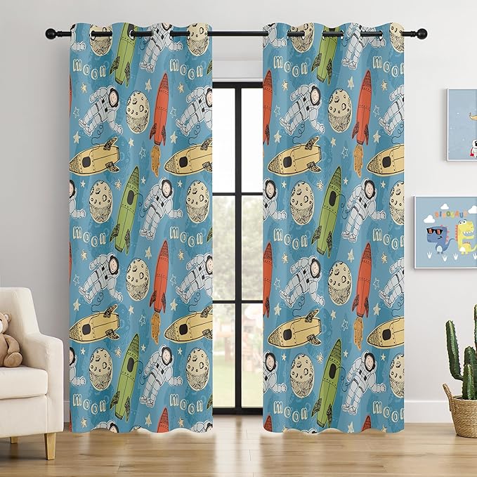 Kids Astronaut and Rocket Blackout Curtains - 100% Blackout, Thermal Insulated, Noise Reducing, Bring The Cosmos Closer to Your Kid’s Room, 2 Panels (Moonbound Adventure, W52×L84)-BubblyBeeBaby