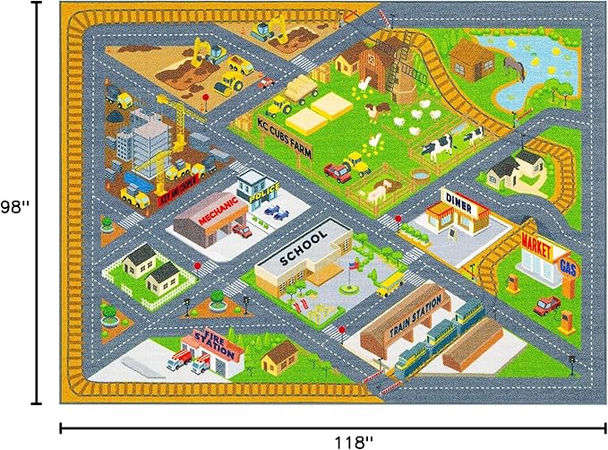 KC Cubs 8x10 Country Farm Construction Car Road Street Rug – Educational Carpet Play Mat for Kids, Toddlers Nursery, Classroom, Playroom, Baby Daycare-BubblyBeeBaby