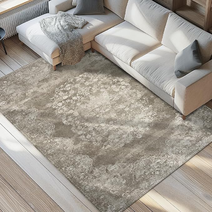 jinchan Vintage Floral 4x6 Area Rugs - Machine Washable Distressed Design Soft Ultra-Thin Low-Pile Non-Slip Carpet for Entryway Kitchen Bedroom Nursery Living Room Dining Room (4x6ft,Brown)-BubblyBeeBaby