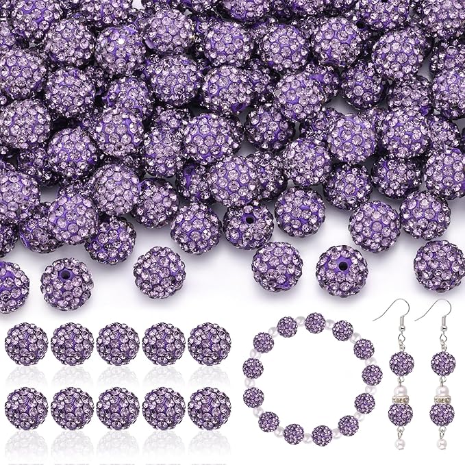 200pcs 10mm Rhinestone Beads for Jewelry Making, Purple Shiny Round Disco Ball Beads Bulk, Sparkle Crystal Clay Christmas for Bracelet Baseball Necklace Earring Crafting and DIY-BubblyBeeBaby