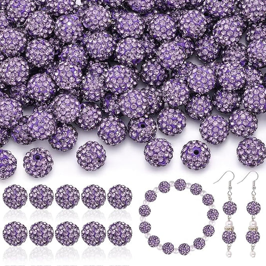 160pcs 10mm Rhinestone Beads for Jewelry Making, Purple Shiny Round Disco Ball Beads Bulk, Sparkle Crystal Clay Christmas for Bracelet Baseball Necklace Earring Crafting and DIY-BubblyBeeBaby