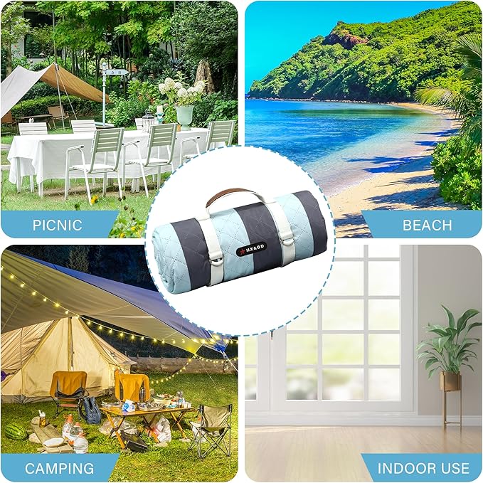 HX&OD Outdoor Picnic Blanket Extra Large, 80''*60'' Waterproof Picnic Mat with Stakes Foldable Camping Blanket Portable with Carry Strap for Beach Mat (Green& White, 80''*60'')-BubblyBeeBaby