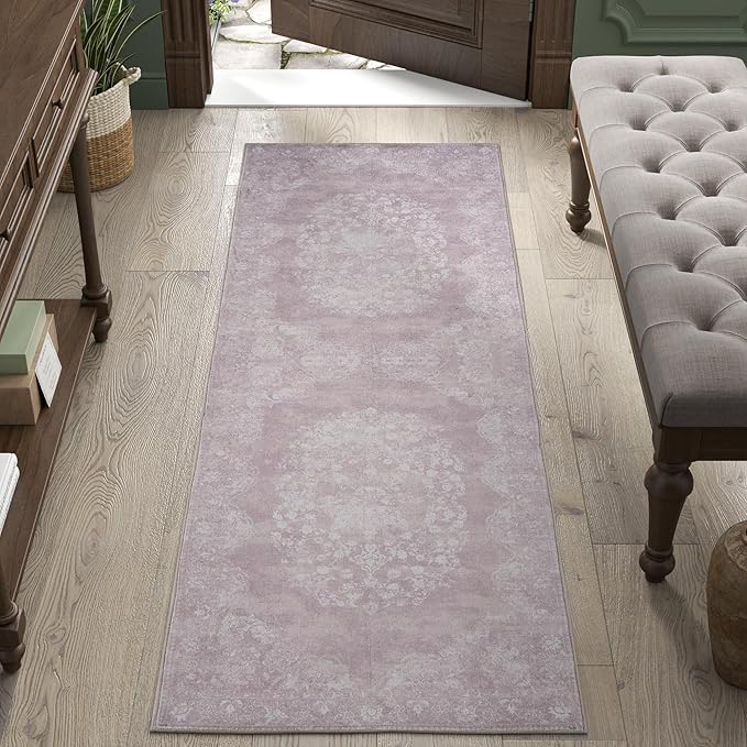jinchan Vintage Floral Runner Rug 2x5 - Machine Washable Distressed Design Non-Slip Low-Pile Soft Thin Carpet for Hallway Kitchen Farmhouse Bedroom Entryway Laundry Room (2x5ft,Orchid)-BubblyBeeBaby