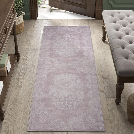 jinchan Vintage Floral Runner Rug 2x7 - Machine Washable Distressed Design Non-Slip Low-Pile Soft Thin Carpet for Hallway Kitchen Farmhouse Bedroom Entryway Laundry Room (2x7ft,Orchid)-BubblyBeeBaby
