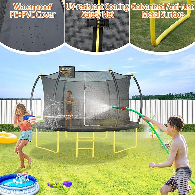 10FT 12FT 14FT 16FT Pumpkin Trampoline for Kids Adults, ASTM Approved Outdoor Recreational Trampoline with Basketball Hoop, Enclosure Net, Yellow-BubblyBeeBaby