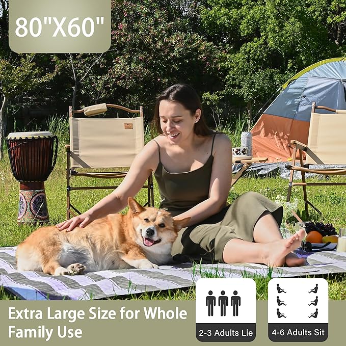 HX&OD Outdoor Picnic Blanket Extra Large, 80''*60'' Waterproof Picnic Mat with Stakes Foldable Camping Blanket Portable with Carry Strap for Beach Mat (Green& White, 80''*60'')-BubblyBeeBaby