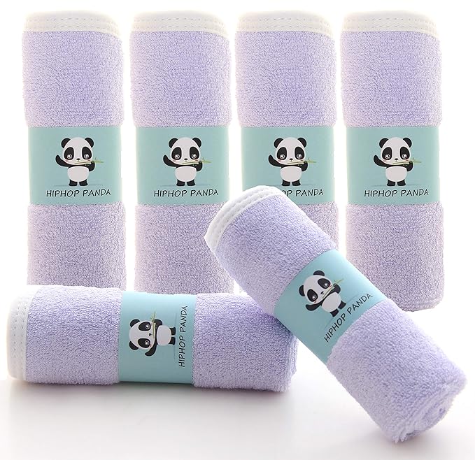 HIPHOP PANDA Baby Washcloths, Rayon Made from Bamboo - 2 Layer Ultra Soft Absorbent Newborn Bath Face Towel - Reusable Baby Wipes for Delicate Skin - Purple, 6 Pack-BubblyBeeBaby