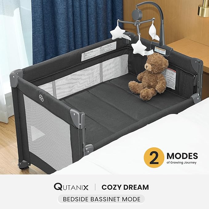 2-in-1 Pack and Play with Mattress,Baby Bassinet Bedside Sleeper, Bedside Bassinet & Baby Playpen, Easy Folding Portable Crib for Newborn to Toddlers (Dark Grey)-BubblyBeeBaby