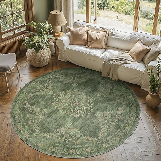 jinchan Round Rug 6ft Area Rugs Vintage Floral Distressed Design,Machine Washable Soft Non-Slip Low-Pile Ultra-Thin Circle Rug for Bedside Living Room Dining Room Bedroom (6' Round, Dark Green)-BubblyBeeBaby