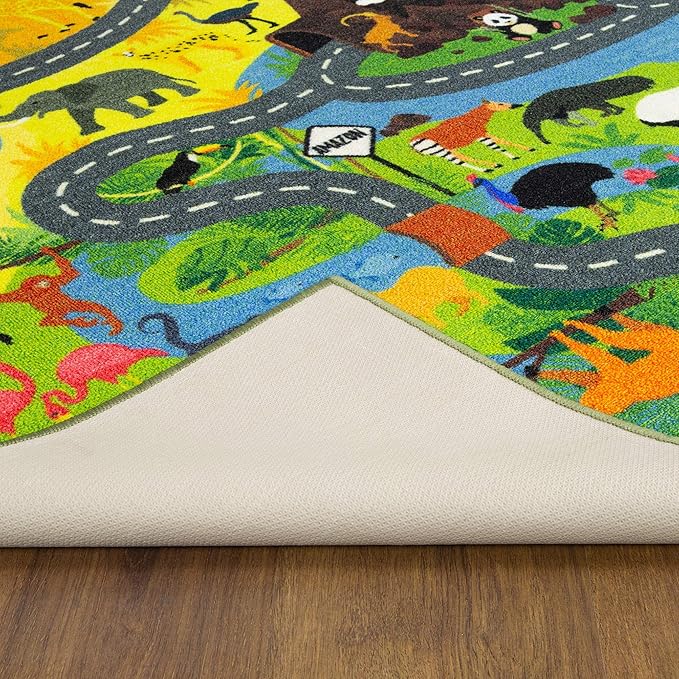 KC Cubs 3x5 Animal Safari Toy Car Road Rug – Educational Play Mat Carpet for Kids, Toddlers, Nursery, Classroom, Playroom, Baby Daycare, Boys & Girls-BubblyBeeBaby