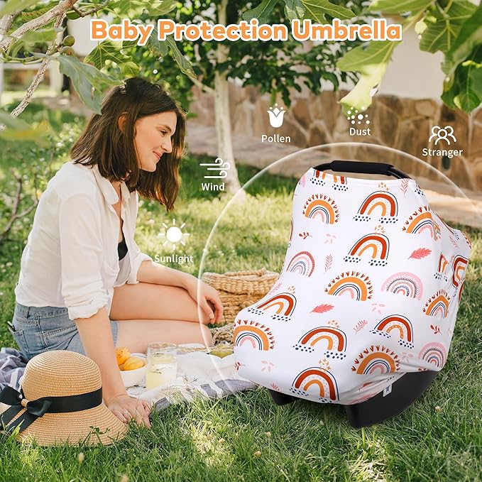 Rquite All-in-1 Car Seat Cover Baby, Carseat Covers for Girl Boy, Stretchy Soft Infant Car Seat Cover, Multi-use Baby Carrier Cover, Car Seat Canopy, Stroller Sun Shade, Nursing Breastfeeding Cover-BubblyBeeBaby