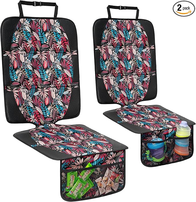 Car Seat Protector for Child Car Seat, 2 Pack Baby Car Seat Covers with Mesh Pockets & Non-Slip Backing 600D Durable Seat Protector Under Baby Car Seat for Car Back Seat (Red Leaves, Large)-BubblyBeeBaby