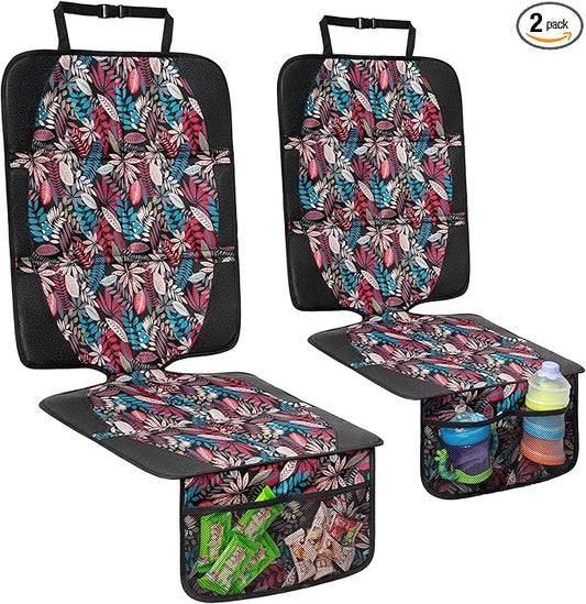 Car Seat Protector for Child Car Seat, 2 Pack Baby Car Seat Covers with Mesh Pockets & Non-Slip Backing 600D Durable Seat Protector Under Baby Car Seat for Car Back Seat (Red Leaves, Large)-BubblyBeeBaby