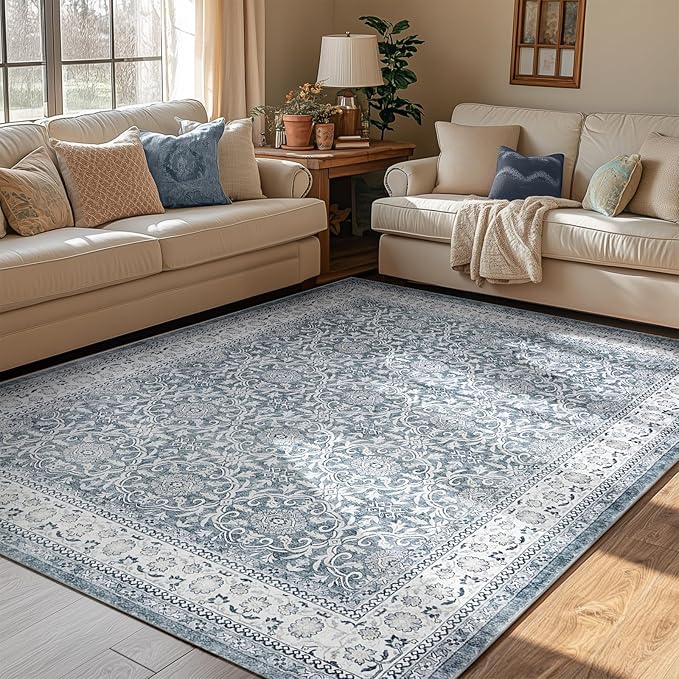 jinchan Floral 5x7 Area Rugs for Bedroom - Machine Washable Vintage Distressed Boho Design Throw Rug Stain Resistant Carpet Low-Pile Thin Non-Slip for Nursery Living Room Dining Room (5‘x7',Grey)-BubblyBeeBaby