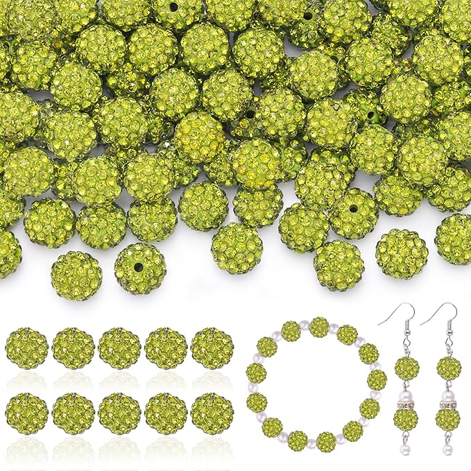 160pcs 10mm Rhinestone Beads for Jewelry Making, Olivine Shiny Round Disco Ball Beads Bulk, Sparkle Crystal Clay Christmas for Bracelet Baseball Necklace Earring Crafting and DIY-BubblyBeeBaby