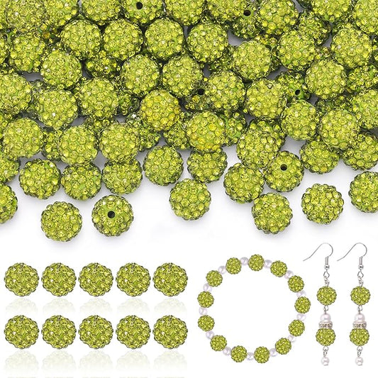 200pcs 10mm Rhinestone Beads for Jewelry Making, Olivine Shiny Round Disco Ball Beads Bulk, Sparkle Crystal Clay Christmas for Bracelet Baseball Necklace Earring Crafting and DIY-BubblyBeeBaby