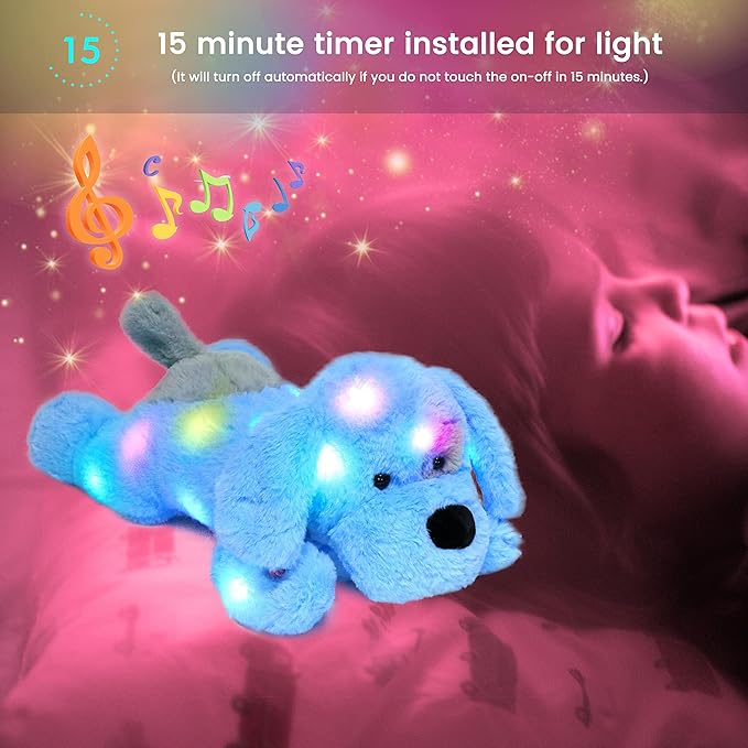 Hopearl LED Musical Stuffed Puppy Lighting Up Singing Plush Dog Adjustable Volume Lullaby Animated Soothe Birthday Festival for Kids Toddler Girls, Blue, 17''-BubblyBeeBaby
