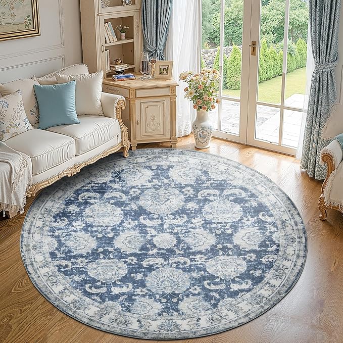 jinchan Round Rug 7ft Area Rug - Dark Blue Vintage Floor Mat Kitchen Indoor Ultra-Thin Soft Floral Print - Washable Circle 7' Retro Accent for Farmhouse Non Slip Dining Room Living Room Bedroom Office-BubblyBeeBaby