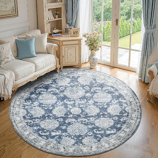 jinchan Round Rug 8ft Area Rug - Dark Blue Vintage Floor Mat Kitchen Indoor Ultra-Thin Soft Floral Print - Washable Circle 8' Retro Accent for Farmhouse Non Slip Dining Room Living Room Bedroom Office-BubblyBeeBaby