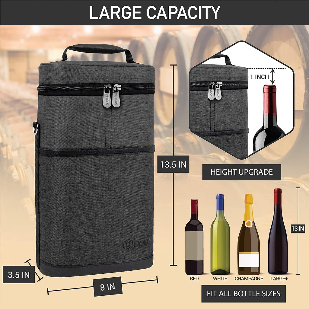 opux 2 Bottle Wine Carrier Tote, Insulated Leakproof Wine Cooler Bag, Wine Travel Bag for Picnic BYOB Beach, Portable Wine Bottle Carrying Case, Gift for Wine Lover Women Men Christmas, Charcoal Grey