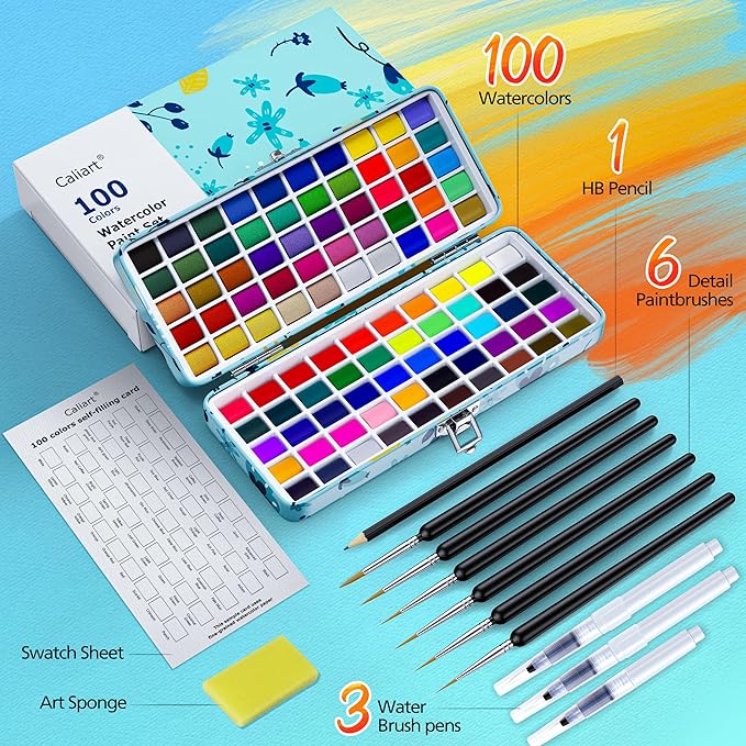 100 Colors Watercolor Paint Set with 4 Brushes, Portable Travel Water Color Kit with Carrying Case, Palette and Accessories, Non-Toxic Art Supplies Gift for Artists Adult Teen Kids Girls-BubblyBeeBaby