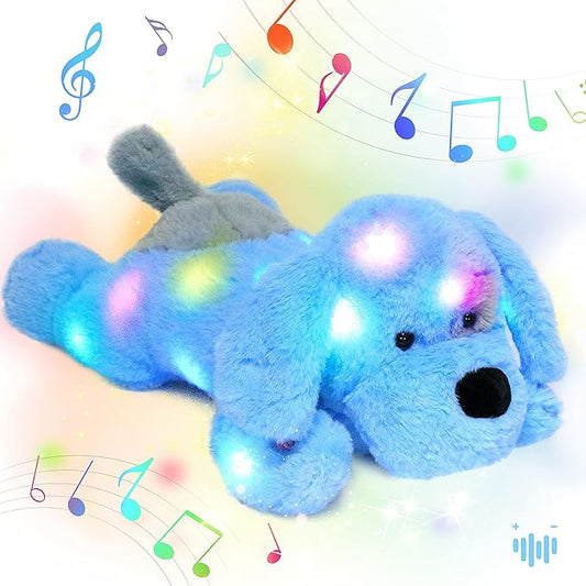 Hopearl LED Musical Stuffed Puppy Lighting Up Singing Plush Dog Adjustable Volume Lullaby Animated Soothe Birthday Festival for Kids Toddler Girls, Blue, 17''-BubblyBeeBaby