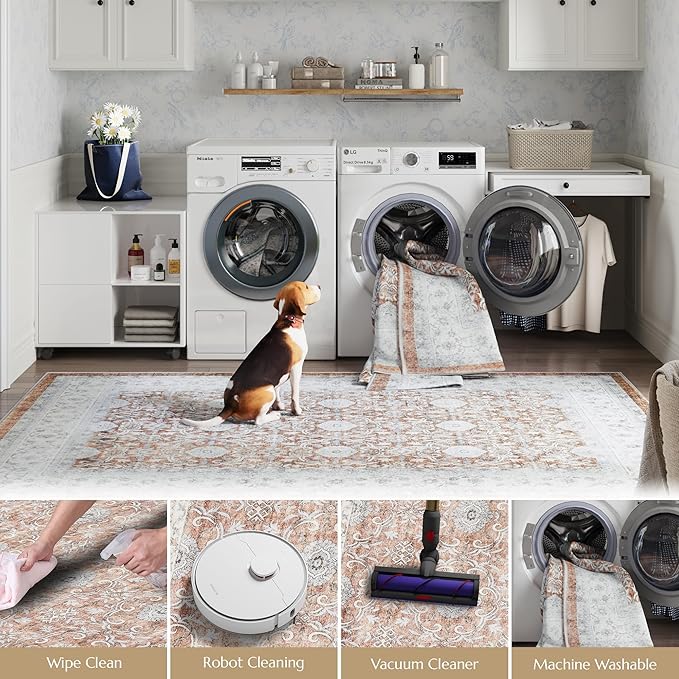 jinchan Floral 5x7 Area Rugs for Bedroom - Machine Washable Vintage Distressed Boho Design Throw Rug Stain Resistant Carpet Low-Pile Thin Non-Slip for Nursery Living Room Dining Room (5‘x7',Orange)-BubblyBeeBaby