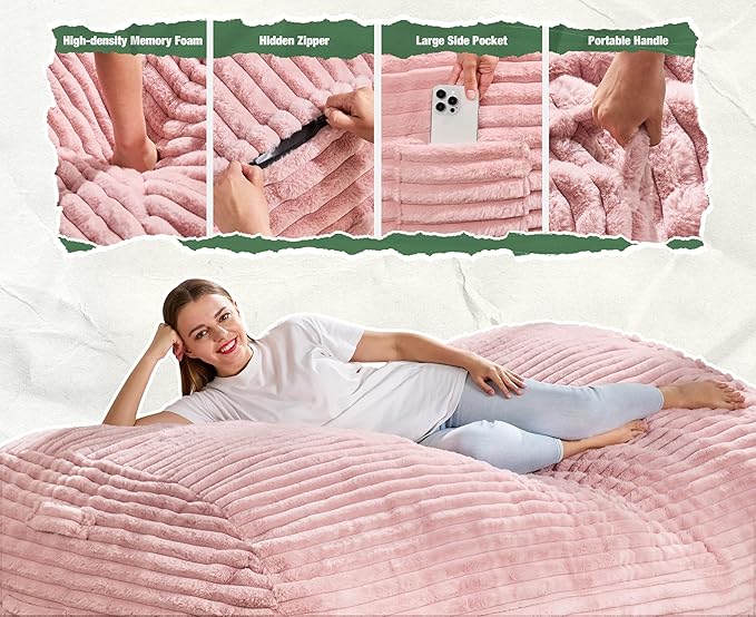 Hobestluk 6FT Bean Bag Chairs Adult Bean Bag with Portable Handle Comfy Large Bean Bag Lounge Chair with Removable Cover for Living Room Bedroom (Stripe Pink, 6FT)-BubblyBeeBaby