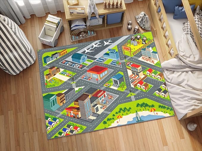 KC Cubs 5x7 City Streets Car Road Rug – Educational Non-Slip Play Mat for Kids, Toddlers, Nursery, Classroom, Playroom, Baby Daycare, Boy Girl Carpet-BubblyBeeBaby