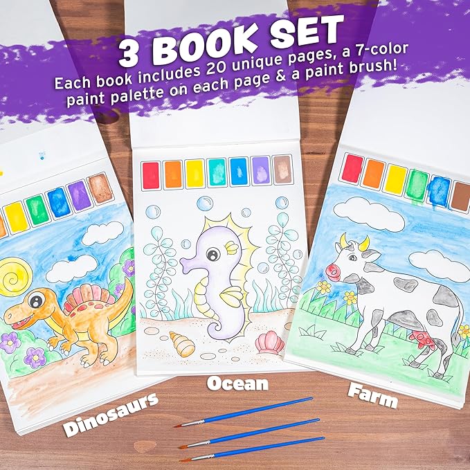 Imagination Works® Paint with Water Books for Kids, 3 Pack | Watercolor Coloring Book Set for Toddler Activities | Spillproof Kids Paint Palettes on Each Page | Travel Toys | Dinosaurs, Farm & Sea-BubblyBeeBaby