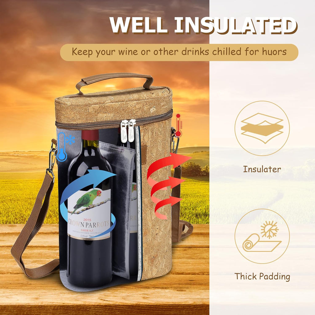 Tirrinia 2 Bottle Wine Gift Tote Carrier - Leakproof & Insulated Padded Versatile Wine Cooler Bag for Travel, BYOB Restaurant, Wine Tasting, Party, Dinner,Gift for Wine Lovers, Cork